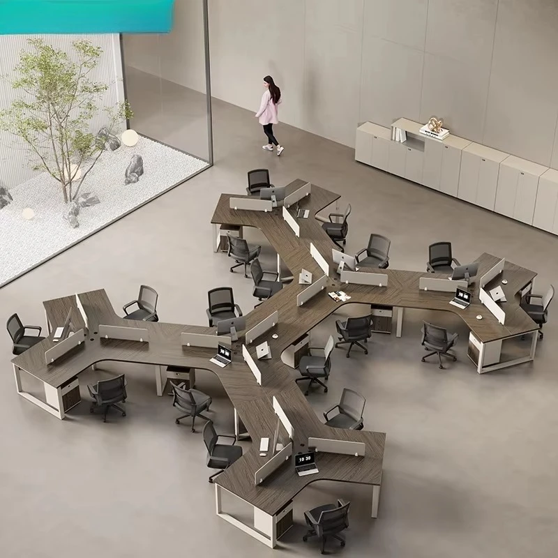 

Multi-person desk and chair, new available staff desk and chair combination, with cabinets and baffles