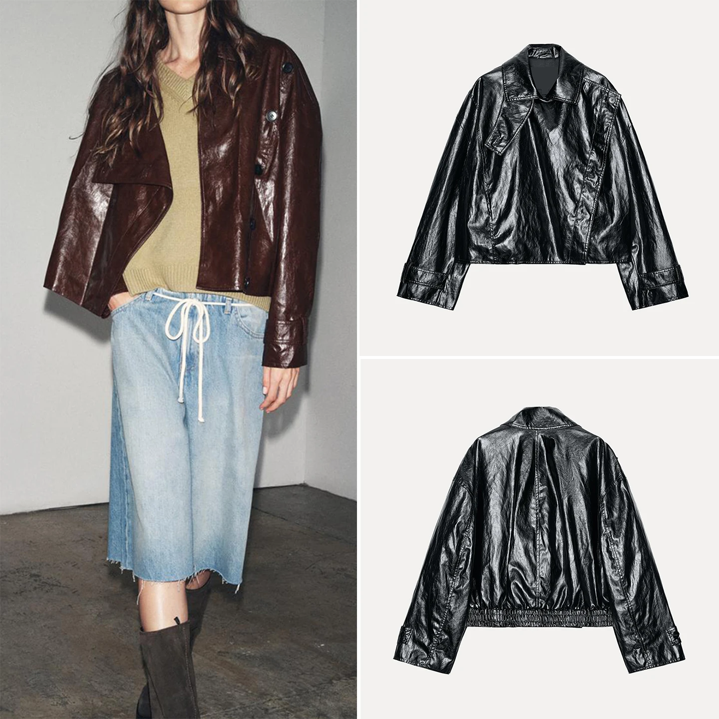 

Z Women's Faion Personali Match Daily Ele Glossy Jaet High Gloss Surface Texture Ladies Leather Coat Collar