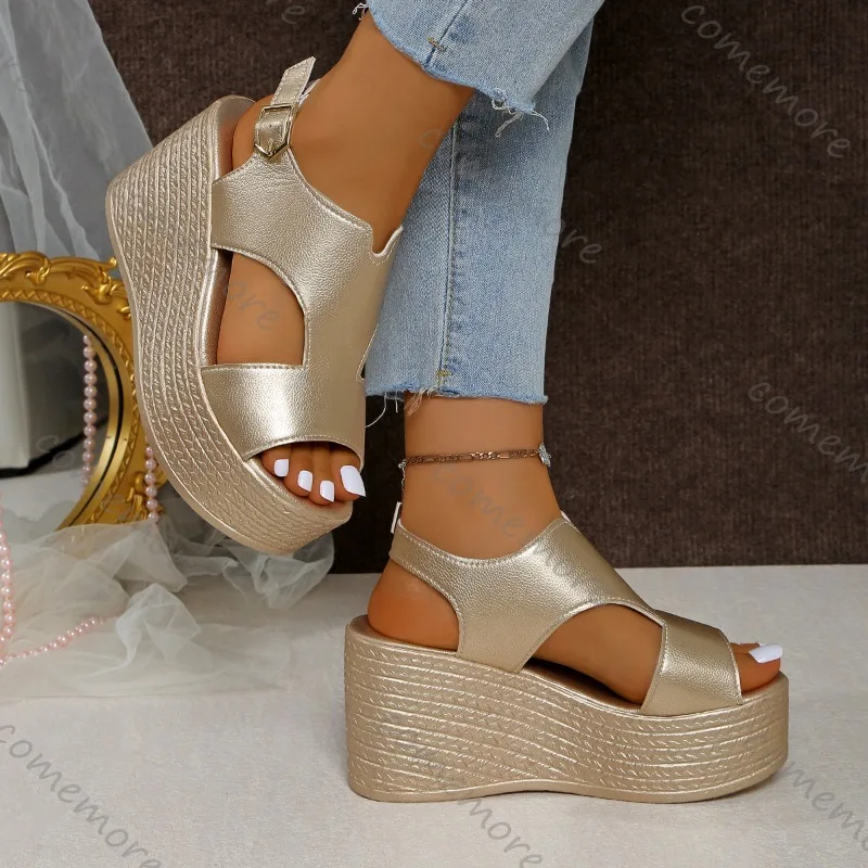 Open-toe Slope Sandals Leather Strap Roman Shoes 2026 Summer Fashion Lightweight Thick Sole Non-slip High Heels Women's Shoes