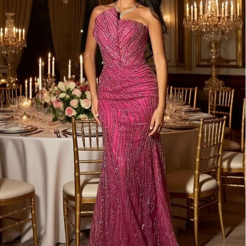Gaun malam Elegan Vintage Manis Seksi Merah Muda Putri Duyung Manik-manik Renda Acara Formal Gaun Panjang Berkilau Disesuaikan