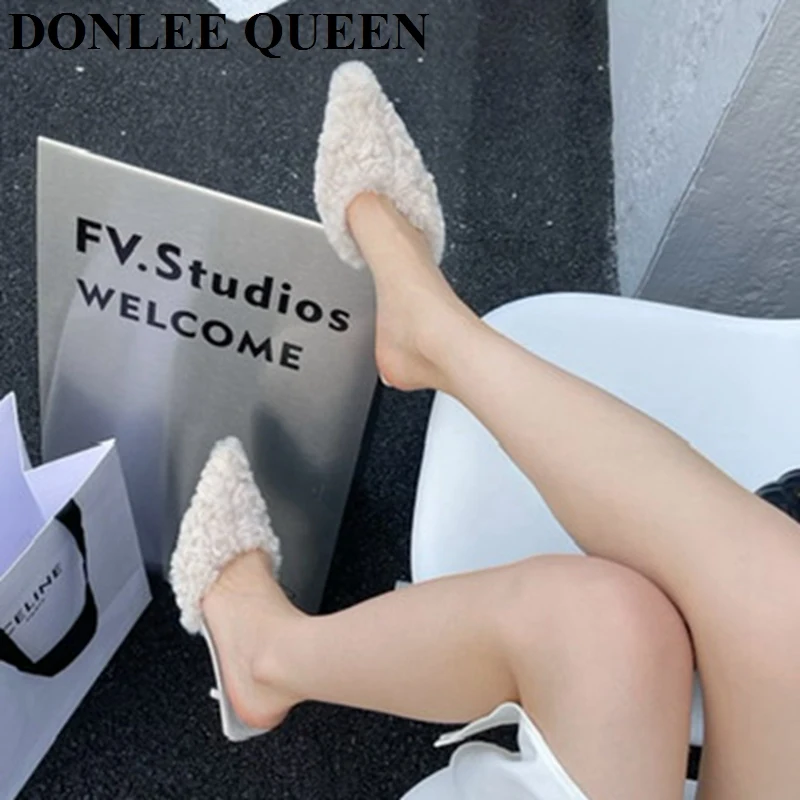 Fashion Women Fur Slides Slippers Pointed Toe Shallow Slip On Plush Shoes Med Heels Mule Black Rose Pink Pumps Party Dress Mujer