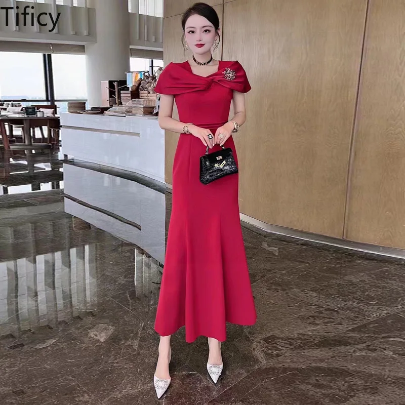 Celebrity temperament 2024 spring summer new women's fashion shawl collar short sleeve with corsage dress fishtail dress