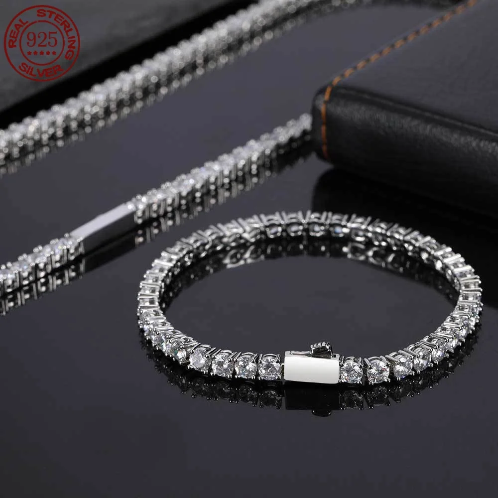 Hip-Hop 1 Row Cz Tennis Chain Bracelet Necklace Cubic Zircon Iced Out 3Mm 4Mm 5Mm 925 silver 18K gold plated jewelry gift