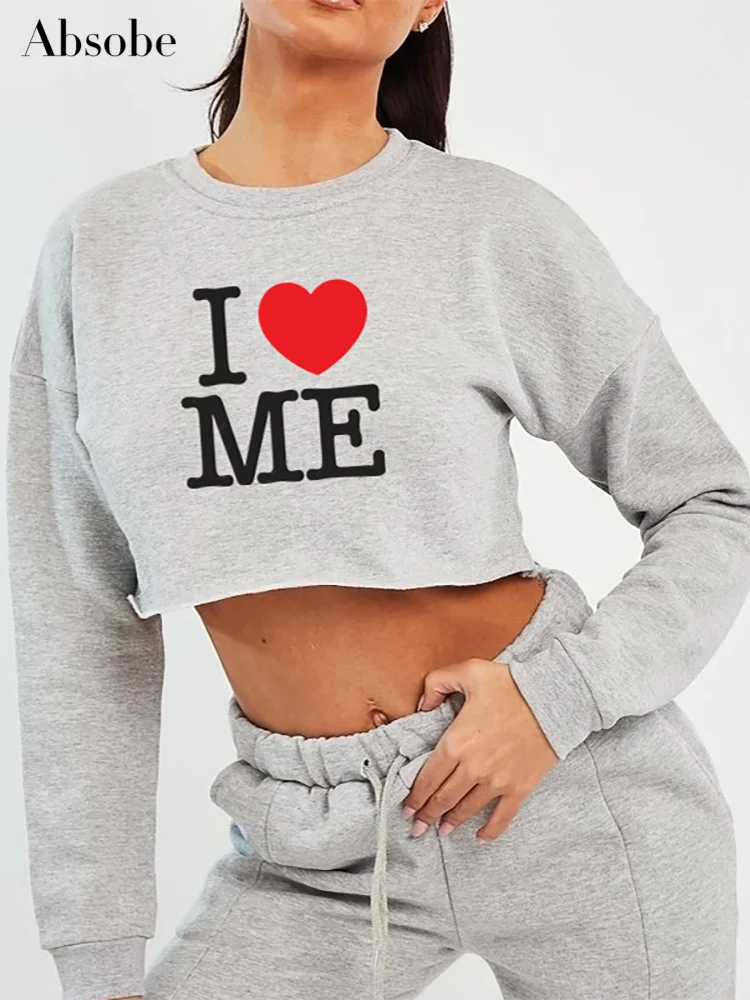 

Absobe I Love ME Letter Printed Crop Loose Sweatshirt Women Color Contrast Crew Neck Long Sleeve Pullover Autumn 2023 Streetwear