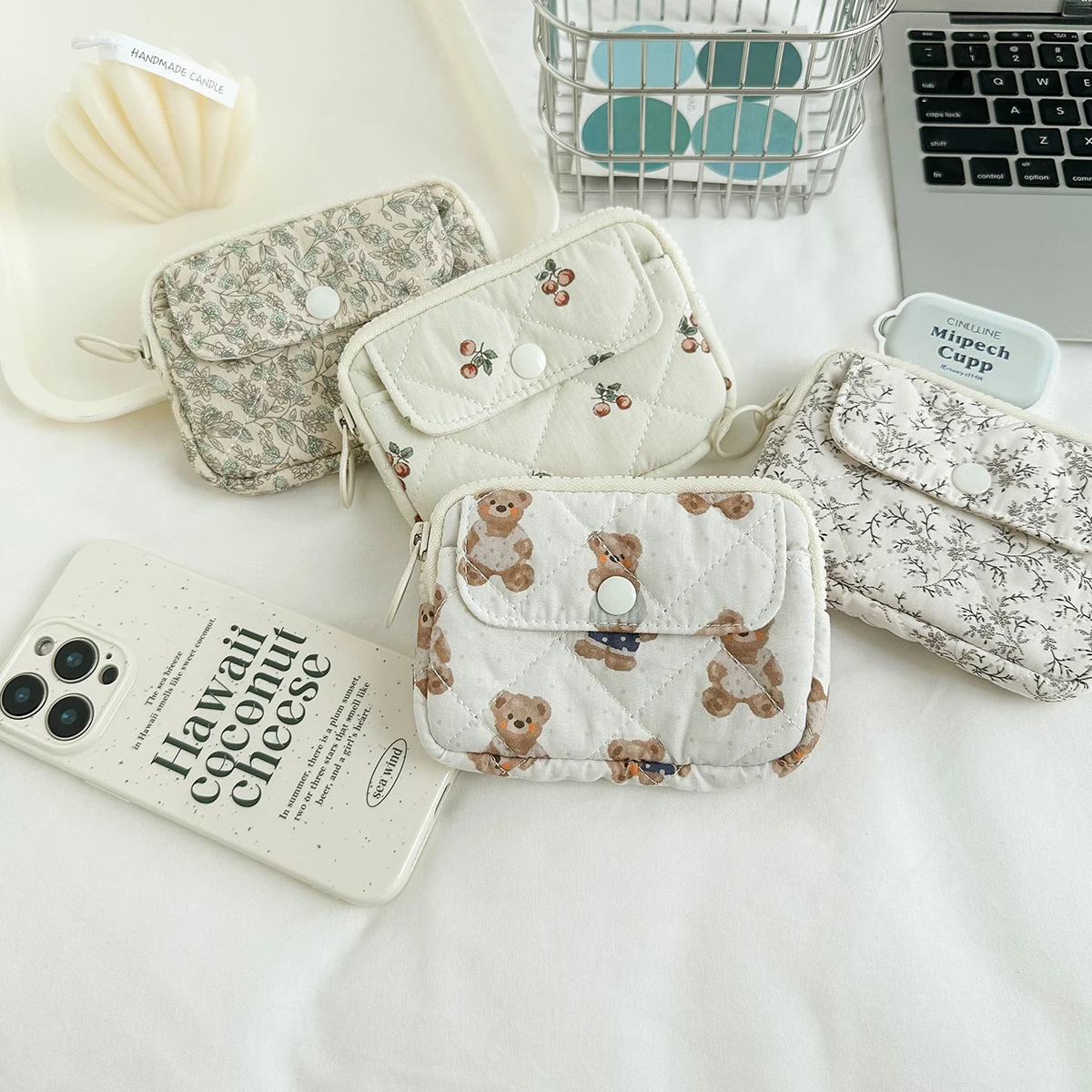 

Cute Cartoon Floral Storage Bag Multi-Functional ID Card Holder Coin Purse eup Bag Small Size Cotton Fabric Wallet