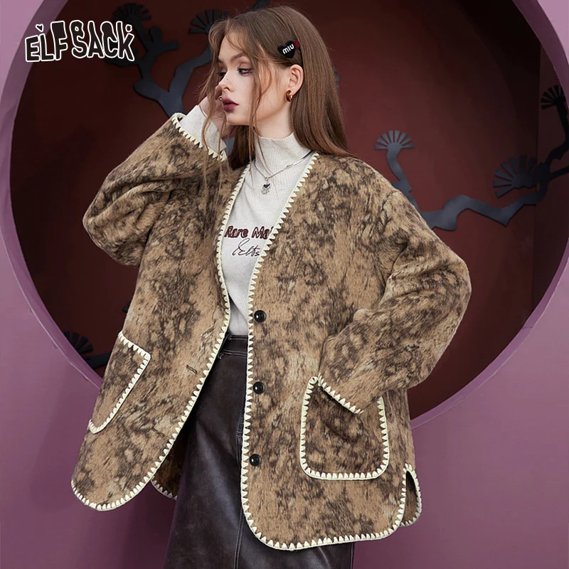 

ELFSACK Brown Coats Woman 2023 Winter Short Printed Jackets