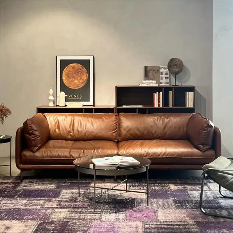 Retro Oil Wax Leather Genuine Sofa, Italian Minimalist Top Grain Cowhide, Mid-Century Living Room Straight Leather Embrace Sofa