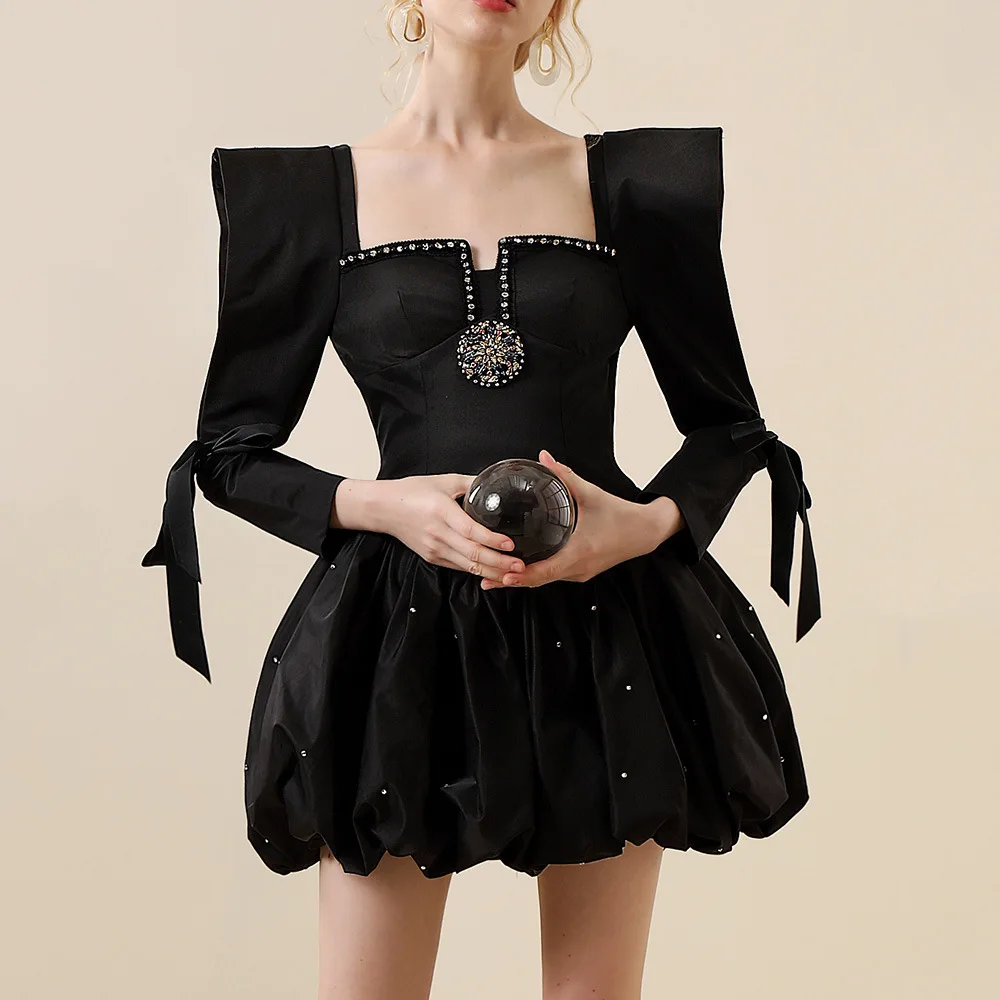 French Vintage Black Ball Gown Women Luxury temperament Banquet Party Princess poncho dress female Dresses q40