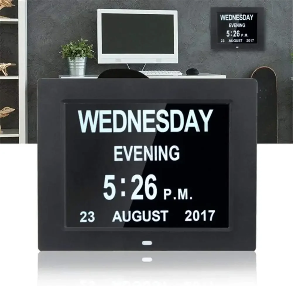 Weather Stations 8’’ Digital Alarm Clock Wall Calendar Clock LCD Display Time Day Photo e Multi-Function Extra Large Non-Abbrevi