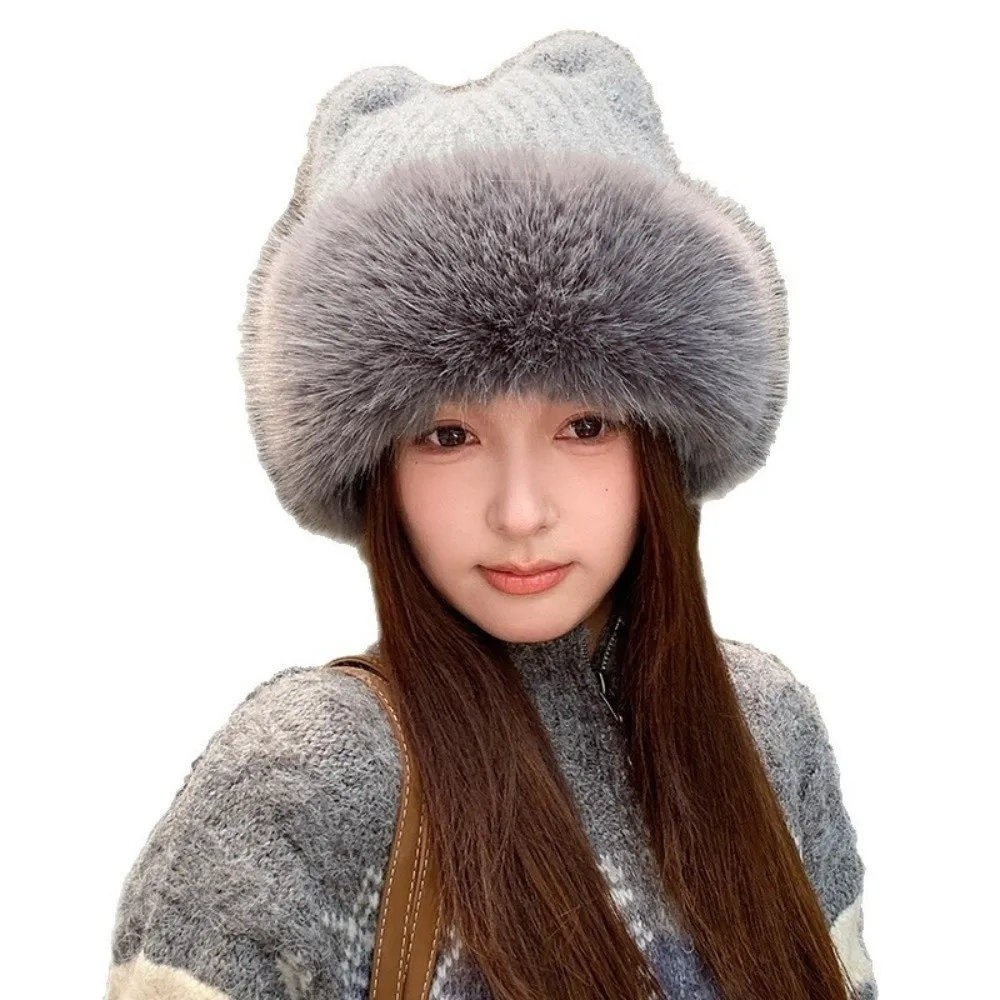 Polyester Cat Ear Earflap Beanie 56-58cm Head Circumference Fleece Lined Winter Ear Protection Hat Knitted Beanie Hat For Women