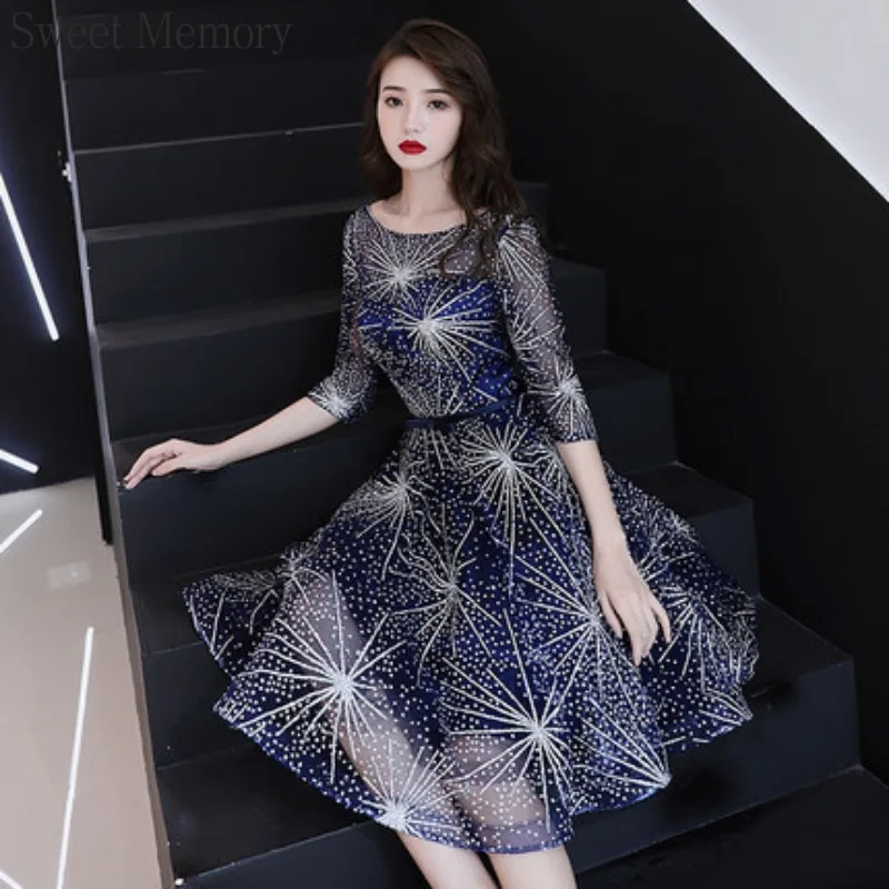 N120 Sweet Memory Navy Blue Evening Dress O-Neck Party Dresses Chorus Celebrity Shimmering Christmas Birthday Short Prom Dress