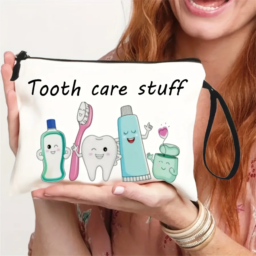 1pc Dental Hygienist Cosmetic Bag With Wrist Strap - Fun Dental-Themed Design (Toothbrush Toothpaste Toothpaste) - Lightweight