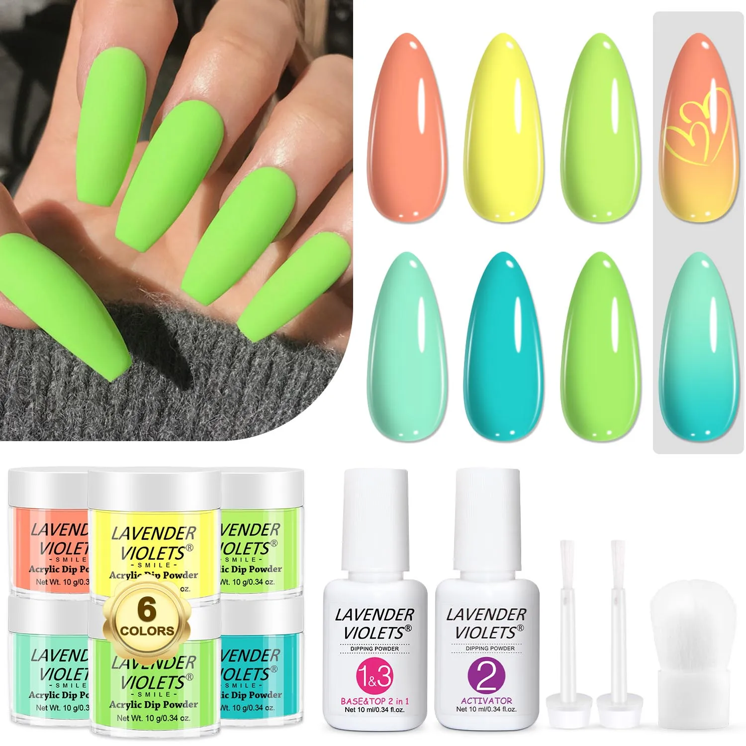 12 قطعة طقم أظافر مسحوق غمس 6 ألوان حادة نيون مسحوق غمس مع قاعدة منشط معطف فوقي ، لصالون المنزل لتقوم بها بنفسك طقم هدايا