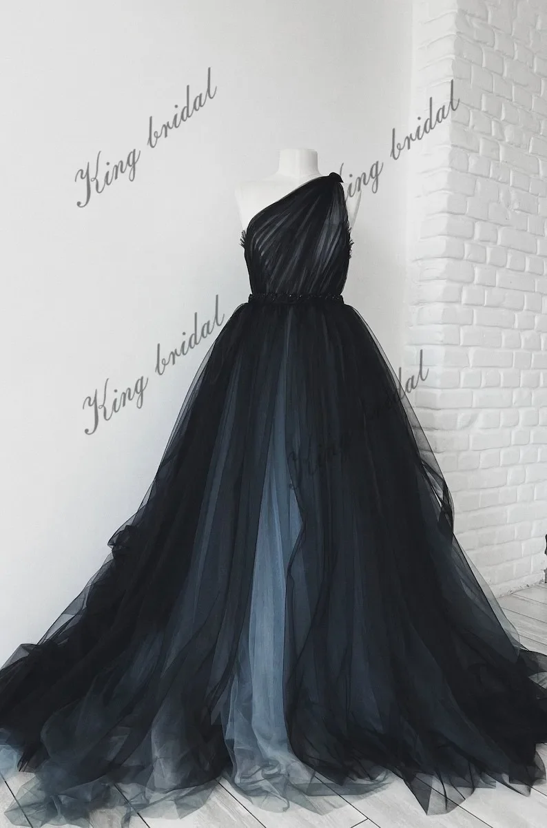 Tüll Perlen Fantasy Ballkleid Einfache Brautkleider Schwarzes Hochzeitskleid Vollschwarzes Ascheblaues Brautkleid Gothic Hochzeitskleid