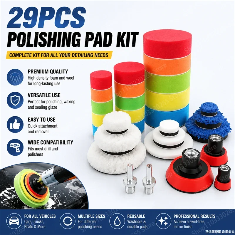 

Professional 29 pcs Polishing Pad Set, Multi-Size Foam Wool Buff Pads with Drill Adapters for Car Boat Motorcycle Surface Care