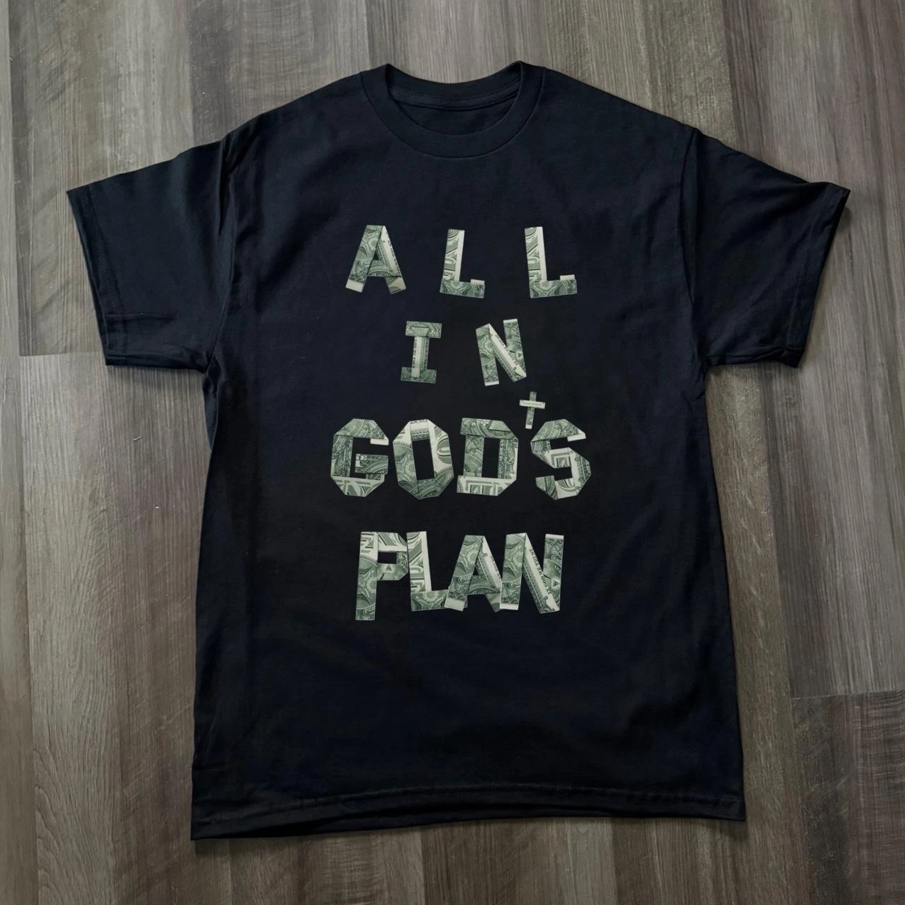 T-shirt featuring a “God's Plan”design,millennial style,Harajuku style, Y2K grunge rock style, unisex, vintage loose-fit T-shirt