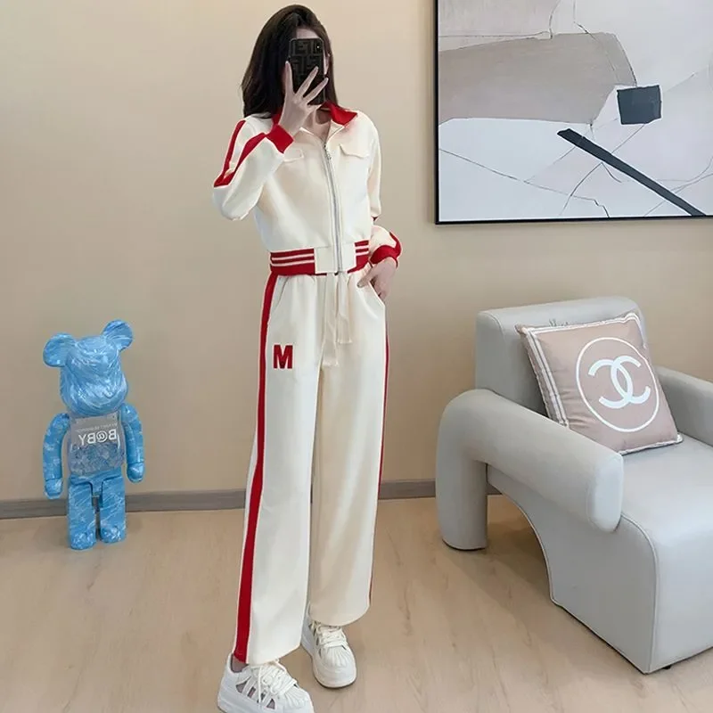Women Clothing Spring Autumn Fashion Korean Zipper Color Blocking Cardigan Female All-match Appear Thin Casual Pants Two-piece S