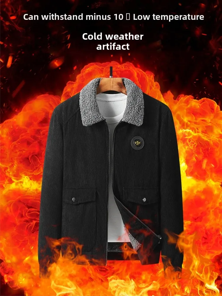

Thiened Corduroy Jaet Lamb Velvet Zipper Collar Multi-ket Winter Coat for Middle-Aged Men Breathable Warm Casual Outer...