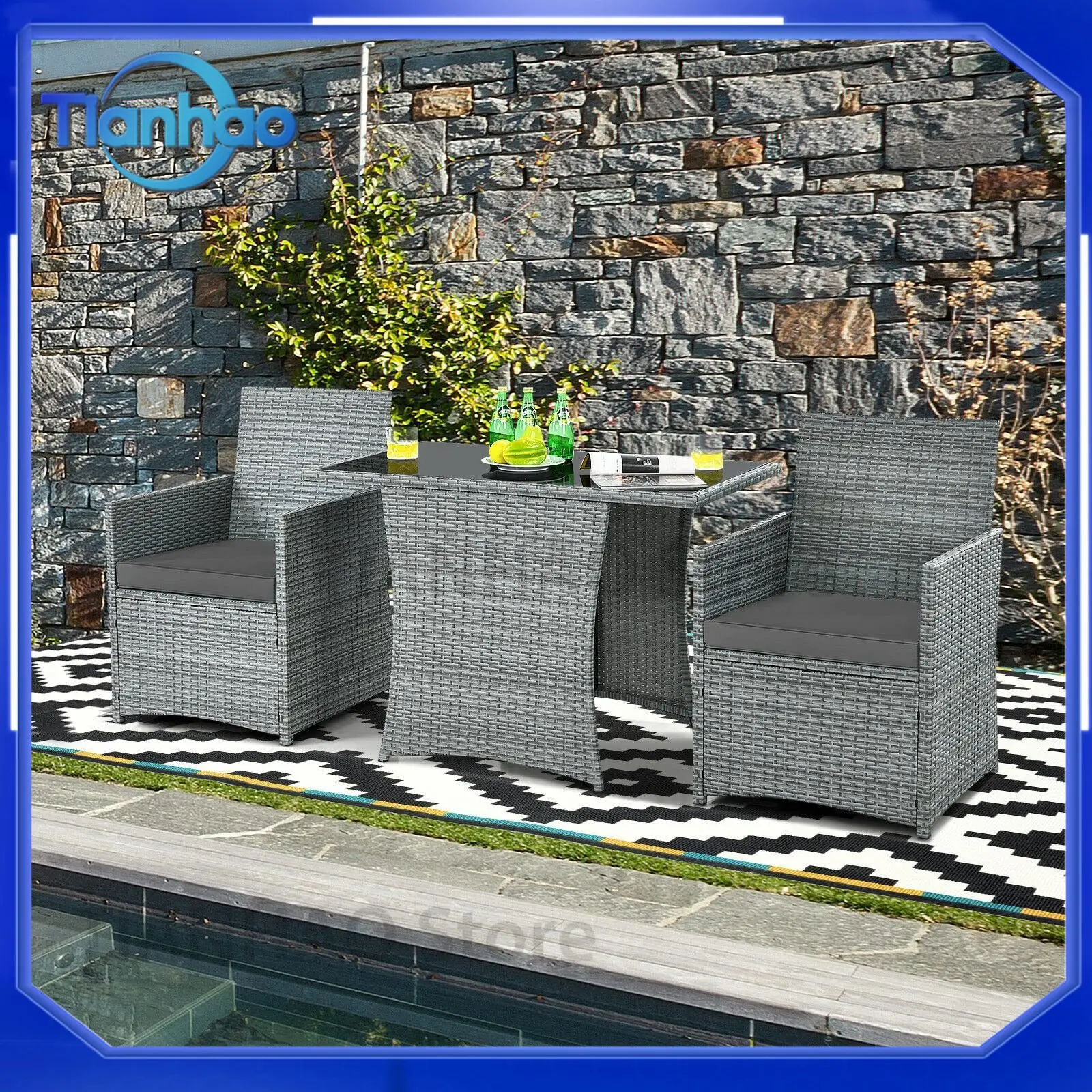 Outdoor Furniture Set for Amazon Balcony Small Table and Chairs PE Wicker Garden Chair Three Piece Set