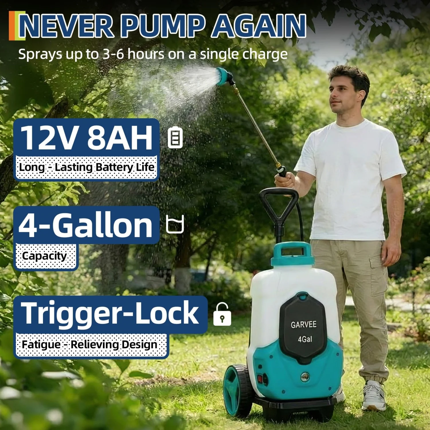 Battery Powered 4-Gallon Backpack Sprayer with Wheeled Cart – 12V 8Ah Rechargeable Pump – Adjustable Pressure up to 90 PSI – 6 Nozzles & 2 Wands – 4-6 Hour Runtime – Trigger Lock – Heavy Duty Electric Lawn & Garden Sprayer