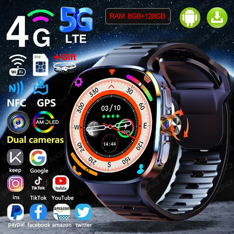 Смарт-часы 5G/4G Full Netcom 8 ГБ + 128 ГБ ОЗУ 2,4-дюймовый 720*720 AMOLED 2100 мАч Батарея 1000 Вт Камера GPS WIFI Google Play Smartwatch