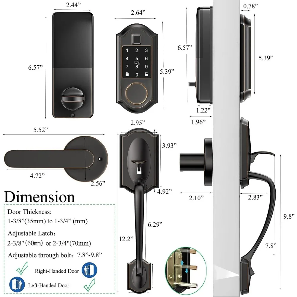 Serrature intelligenti per porta d'ingresso, catenaccio con serratura per porta d'ingresso senza chiave con set di maniglie, set di serrature per porta d'ingresso, controllo APP, porta con impronta digitale