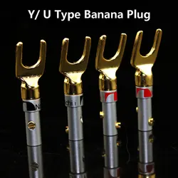 4Pcs Gold plated Y U Shape Banana Plug Audio Speaker Plugs Screw Lock Fork Spade Cable Wire Connector for Binding Post