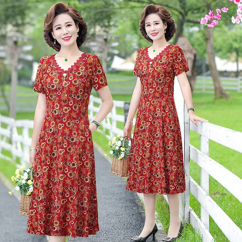 Fragmented ดอกไม้ชุดลําลองผู้หญิงฤดูร้อนคุณภาพสูงแขนสั้นแฟชั่น Elegant Retro V คอชุดผู้หญิง