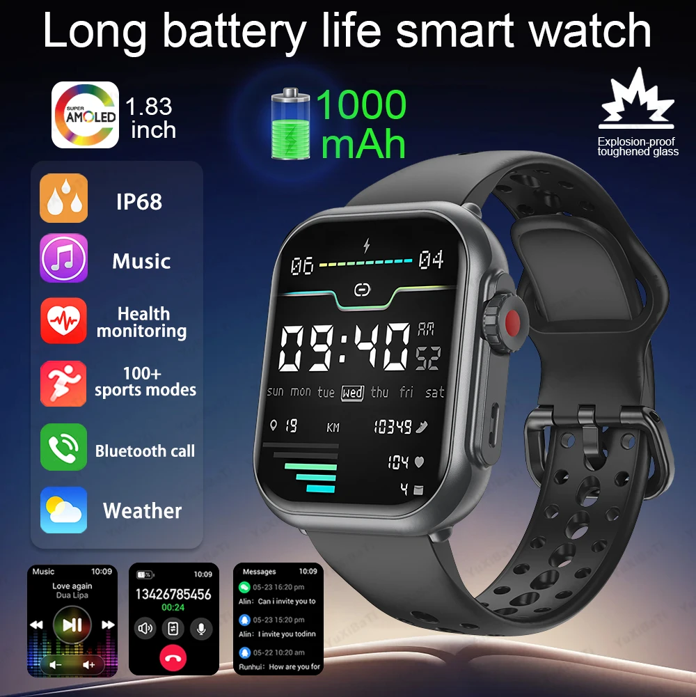 New Smart Watch Men Women 1000mAh Super Battery Life Fitness Tracker with Custom Watch Faces Heart Rate Waterproof Smartwatch