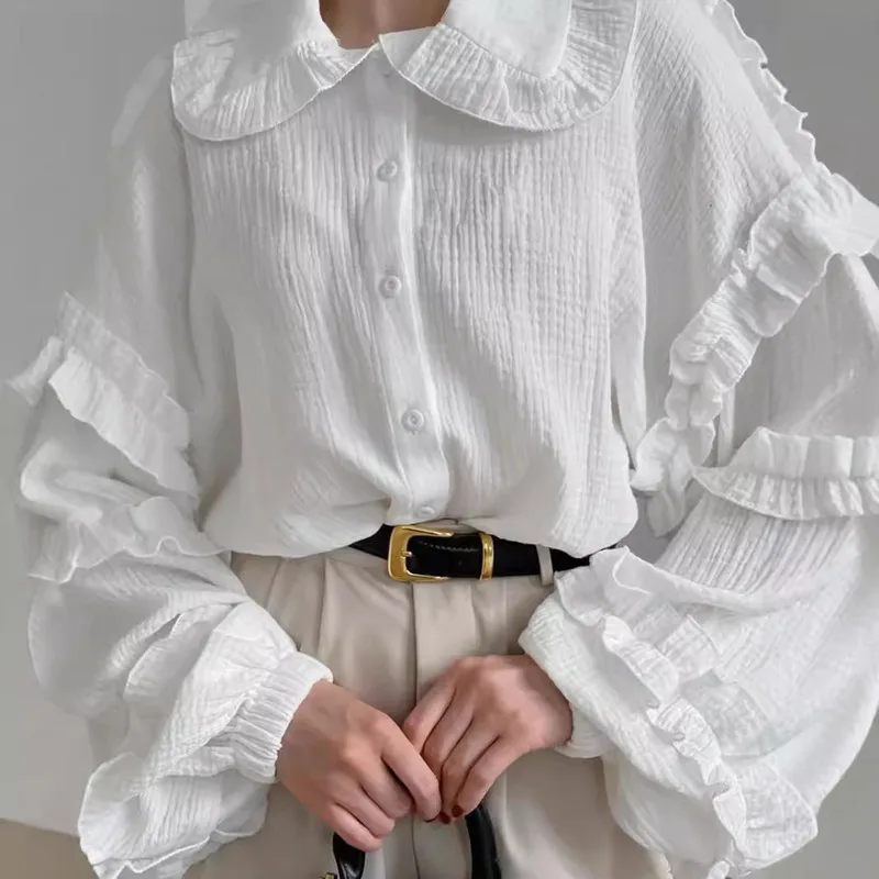 Cotton Crepe Elegant White Shirts For Women Lantern Sleeve Frill Lapel Blouses And Tops Spring Autumn Office Ladies Shirt