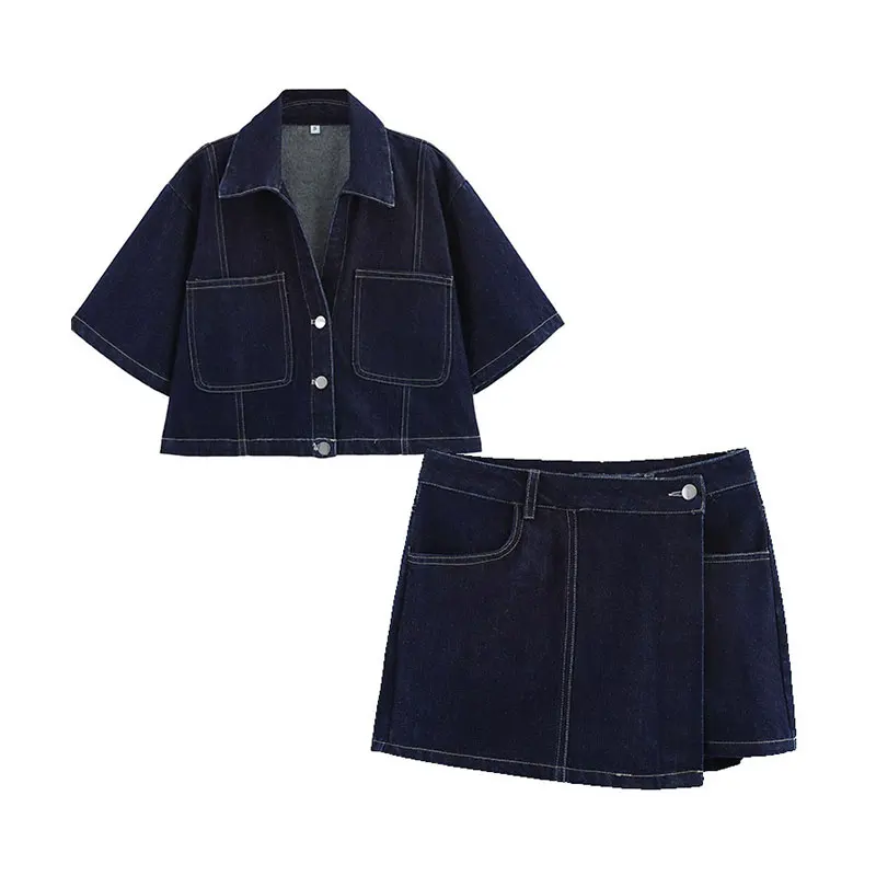 2024 Summer Denim Two Piece Set Short Sleeves Pocket Women Top Mini Skirt Shorts Fashion Casual Lady 2 Piece Sets Y2K
