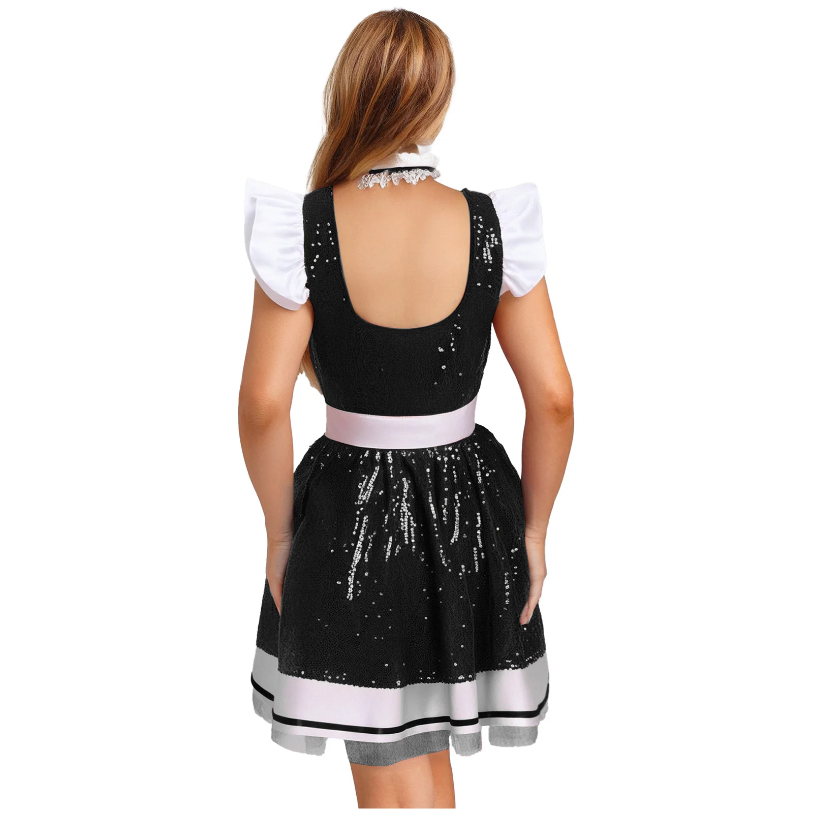 Dienstmädchen-Schürzenkleid, Cosplay-Kostüme, Fliegenärmel, Pailletten, Tüll, Unterrock, Kleid + Halsband-Set für Frauen und Mädchen, Halloween-Party, Nachtclub