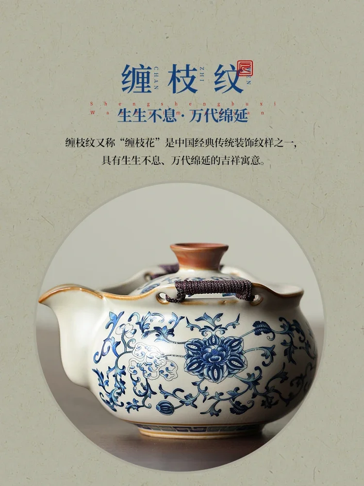 Teapot set blue and white porcelain Chinese-style household desktop ornament pot cover bowl large anti-scalding tea cup with lid