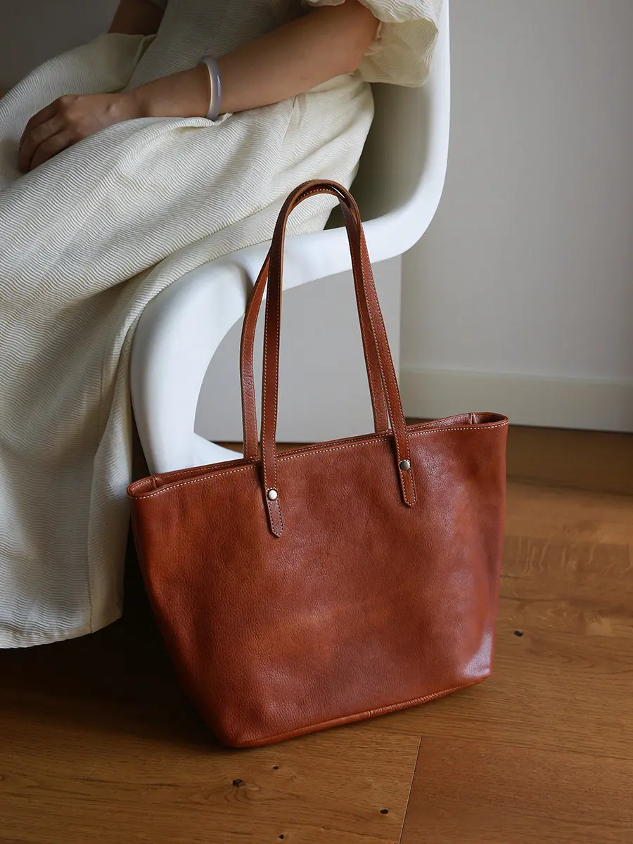 leisure fashion genuine leather large capacity women's tote bag simple vintage handmade real cow leather shopping shoulder bag