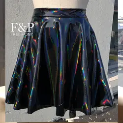 Handmade Plus Size Clothing Black Gothic Holographic Rainbow PVC Vinyl Rave Skater Skirt Burning Man Festival Circle Skirts