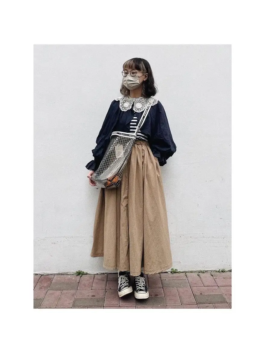 

Юбка-миди трапециевидной формы с высокой талией, однотонная плиссированная длинная юбка весеннего сезона, японская женская длинная юбка Faion Sweet Sle