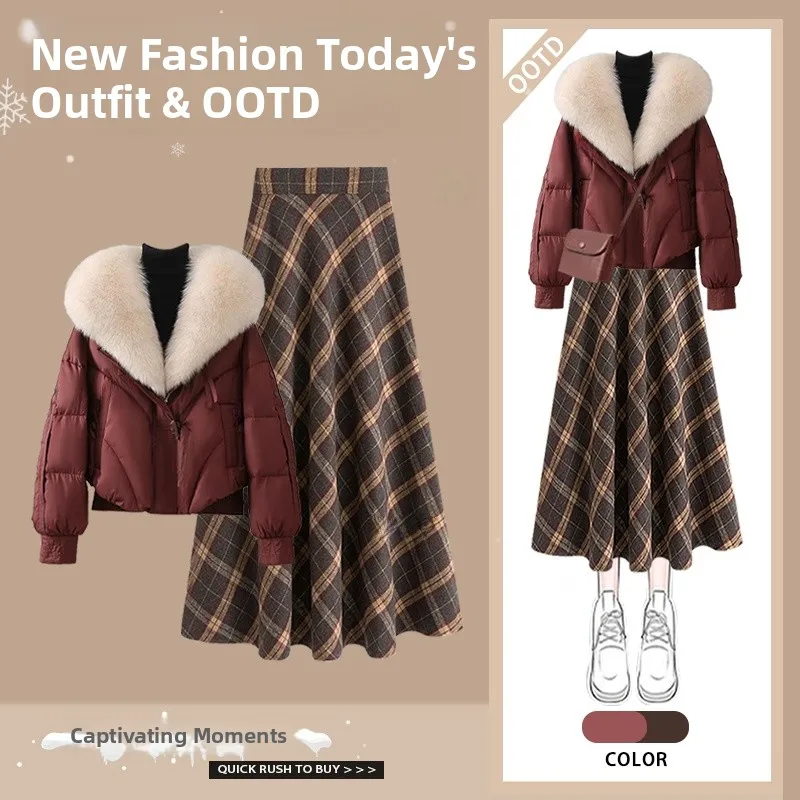 겨울 여성용 프리미엄 경량 코튼 재킷과 하이웨이스트 스커트 투피스 세트 패셔너블 슬림핏