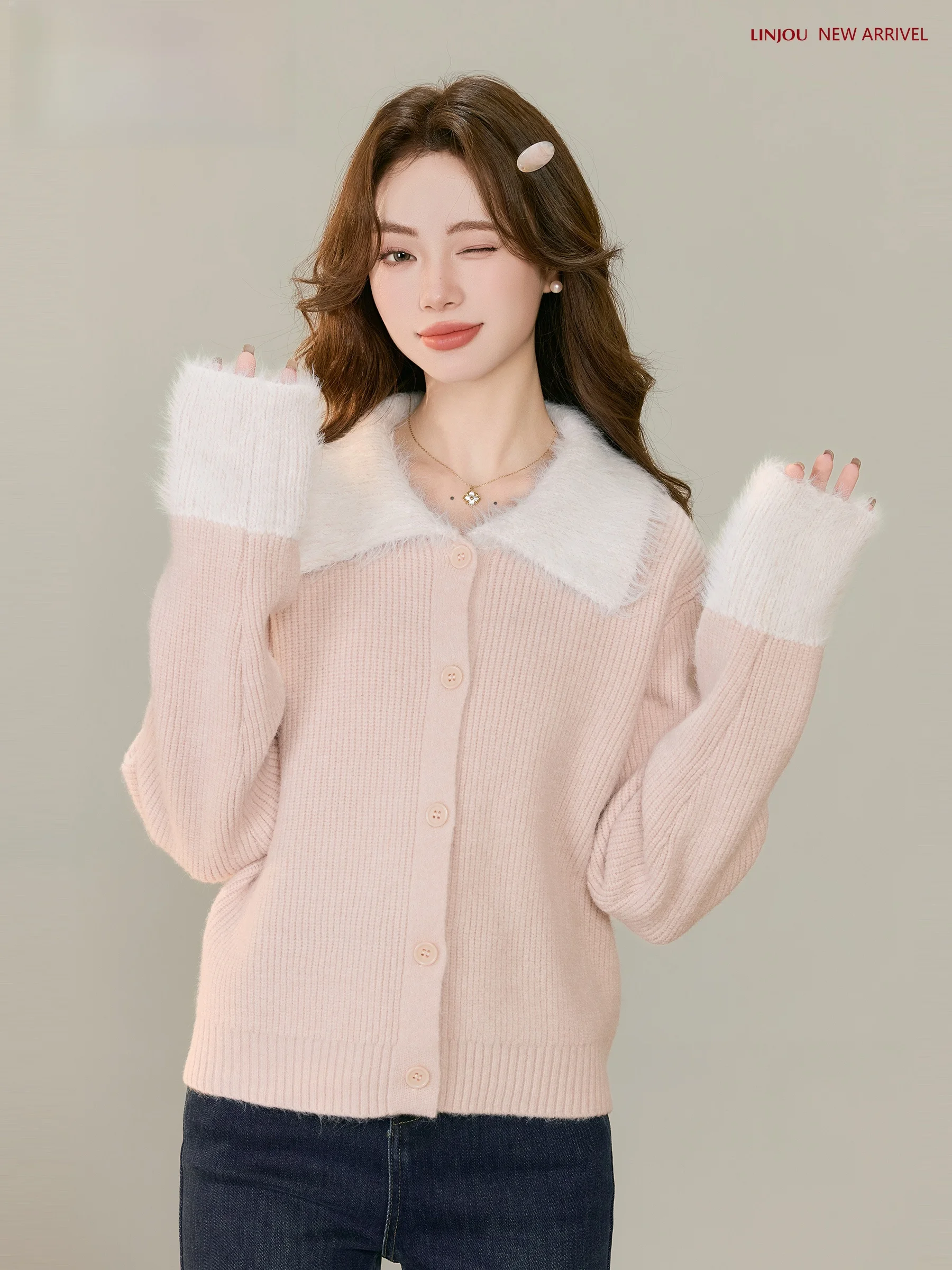 

Soft Cozy Women's Knitted Sweater Pink Fce Lightweight Autumn Winter New Sle Lazy Sle Folded A-Line Cardigan