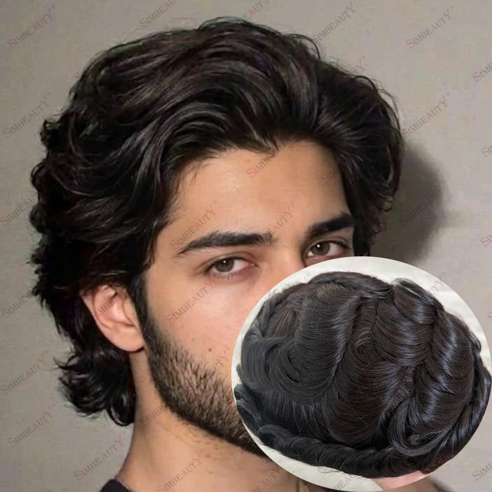 

130%Density Men's Human Hair Toupee System 30mm Natural Wavy Scalloped Frontline Undetectable Thin Skin Prosthesis Toupee Remy