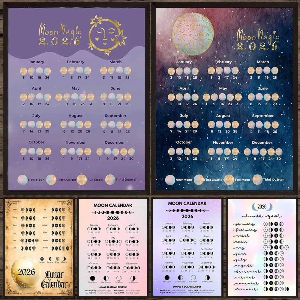 

2026 Moon Phases Calendar Wall Art Canvas Painting,2026 Witchy Planner Moon Calendar Art Poster Print,Lunar Phases 2026 Decor