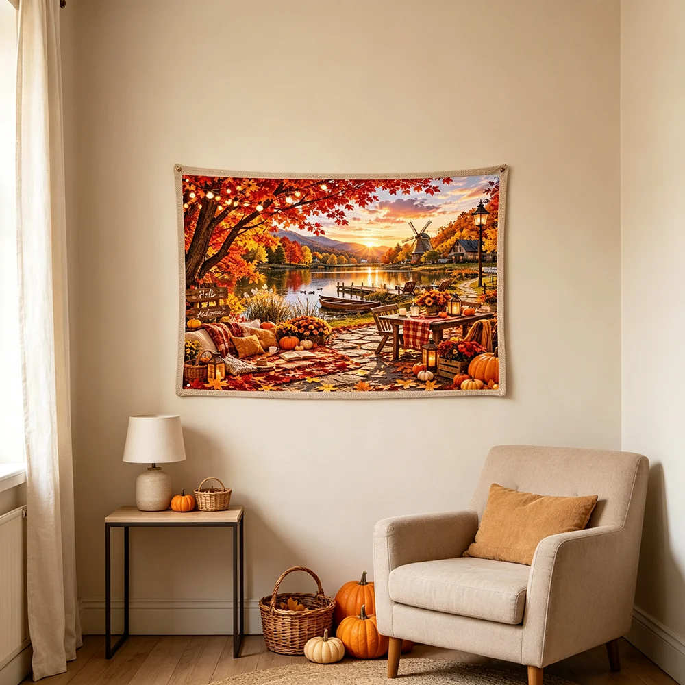 1PC Thanksgiving Fall Lake Windmill Pumpkin Sunset Print Backdrop Banner, Bedroom Photo Background, Polyester, Home Decor