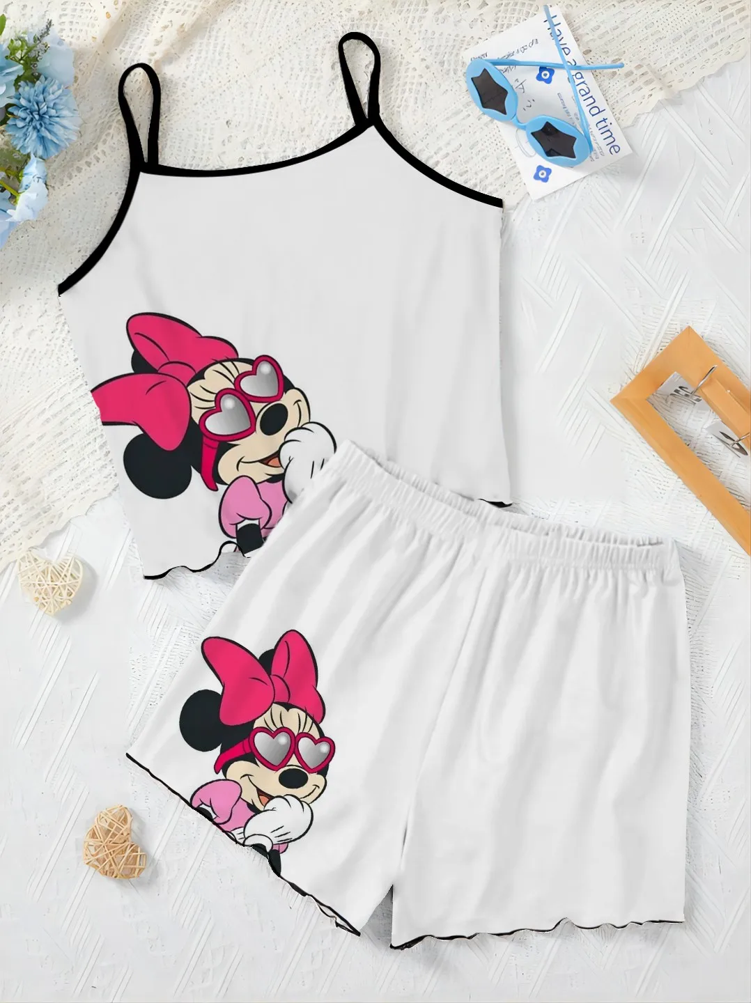 Slip Dress Short Sets for Women 2 Pieces Mickey Top Minnie Mouse Lettuce Trim Disney Pajama Skirt T-shirt Elegant Women's Suit