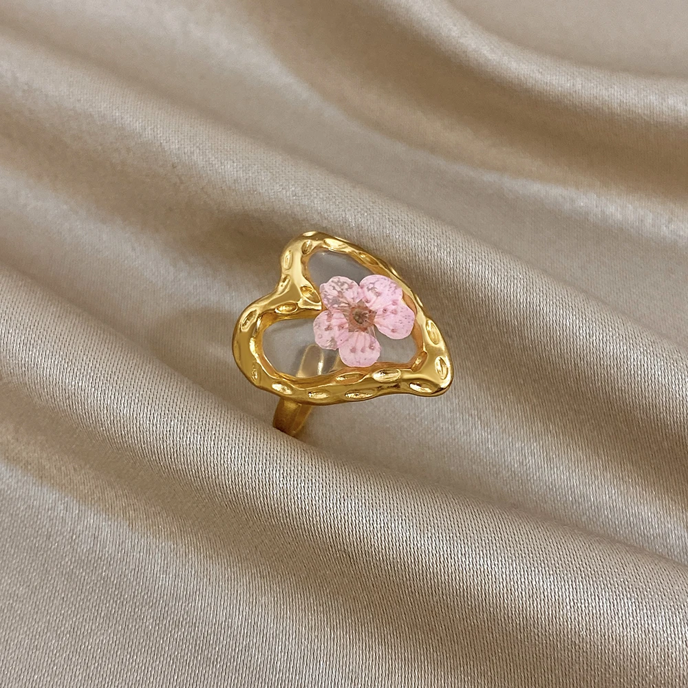 ALLYES Vintage Natural Pink Flower Heart Open Rings for Women Elegant Gold Plated Stainless Steel Finger Ring Jewelry Gifts