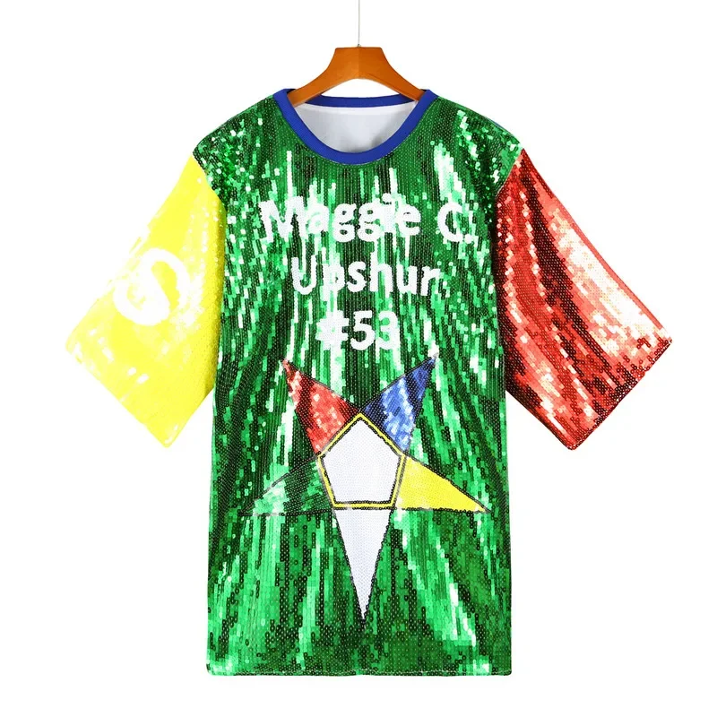 

Summer New Sequins Round Neck Geometry Letter Patchwork ShortSleeve Female Straight Streetwear Hip Hop Night Club Women's T-shir