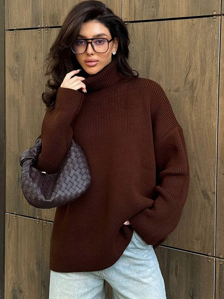 

Solid Oversized Kintted Women Pullover Fashion High Collar Long Sleeve Loose Pullovers Lady Autumn Daily Commute Street Sweater
