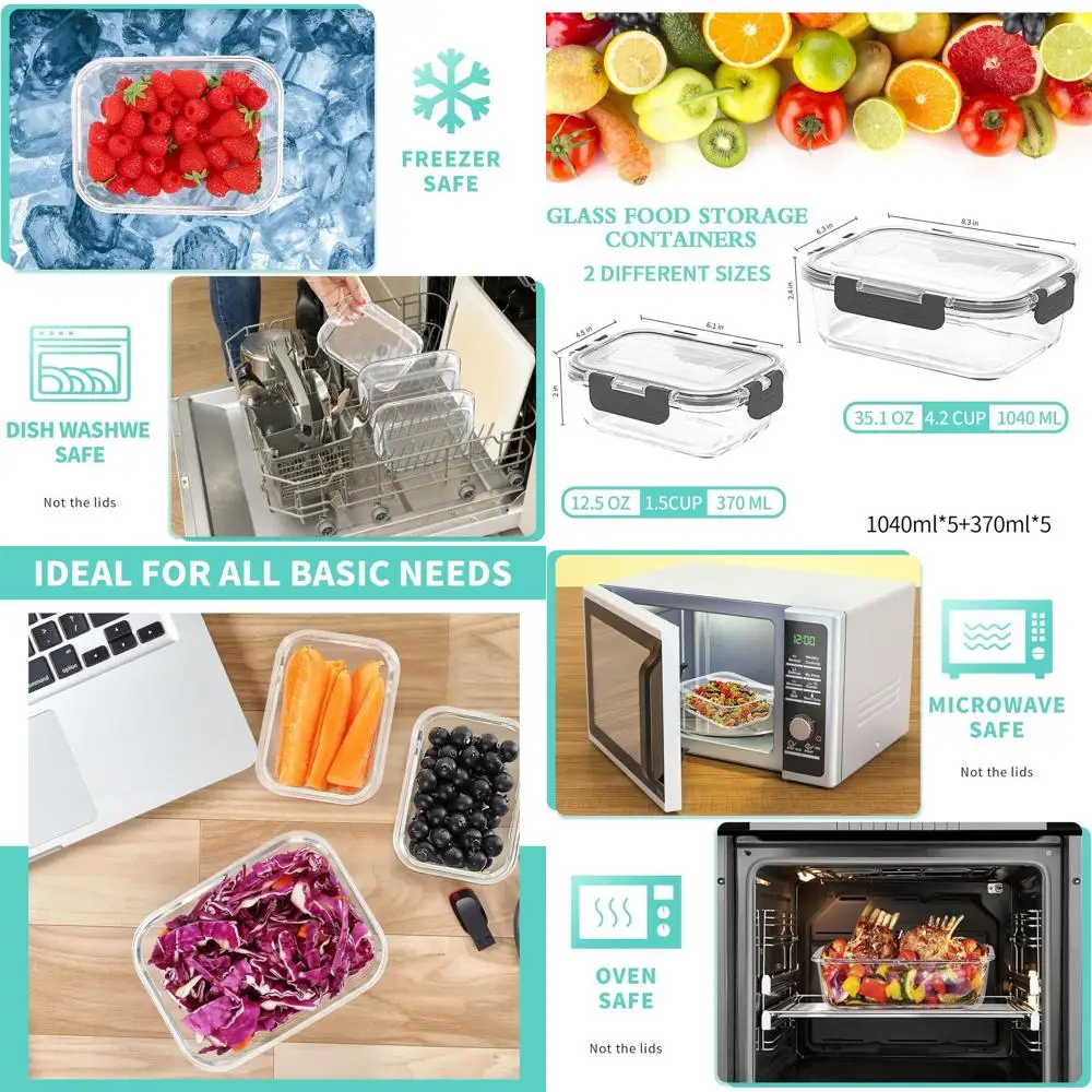 

Набор из 10 стеклянных контейнеров для приготовления еды с надежными крышками, герметичными для микроволновой печи, выпечки, замораживания и мытья посуды.