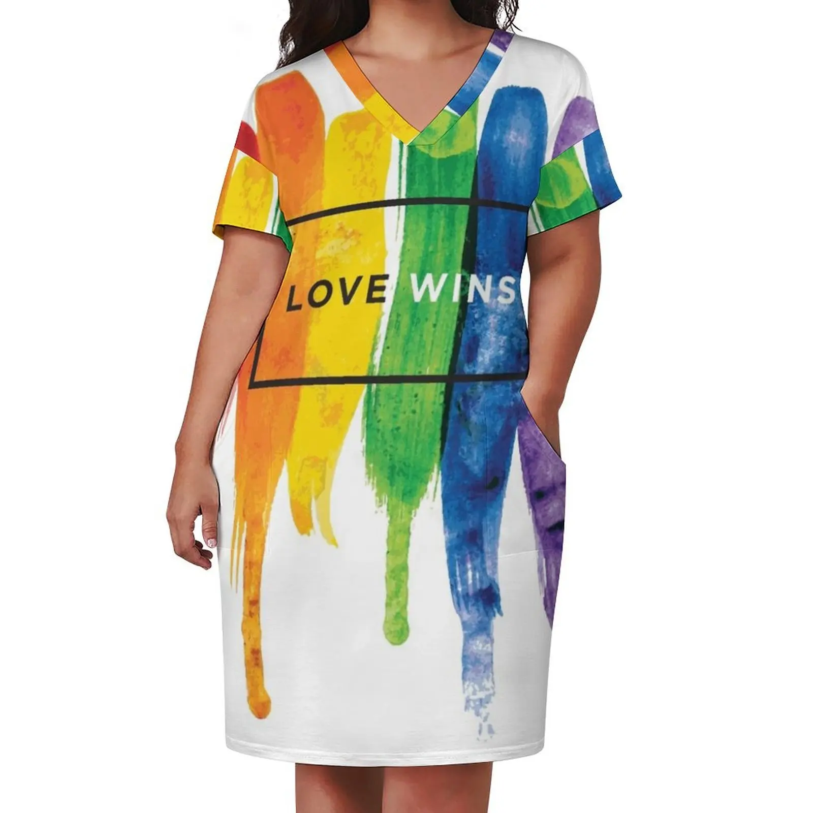 Watercolor LGBT Love Wins Rainbow Paint Typographic Loose Pocket Dress Bridesmaid dress woman summer woman dress 2024