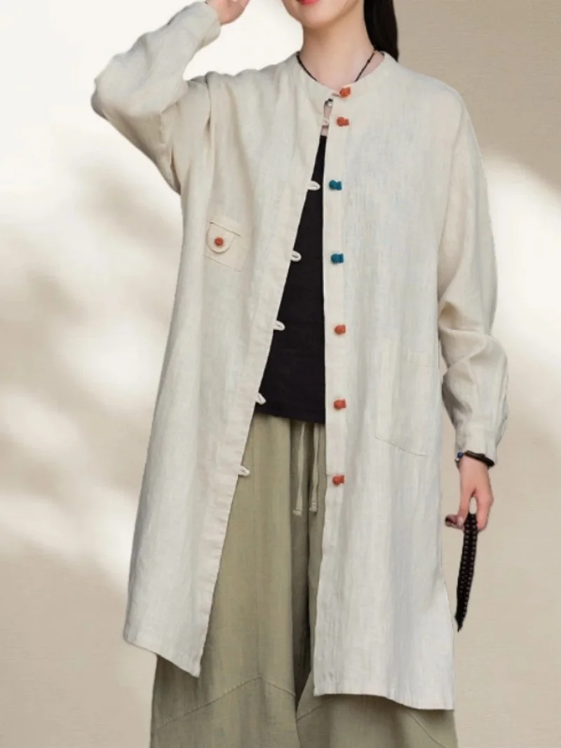 

Artistic Retro Stand Up Collar Contrasting Color Buttoned Jacket Top Cotton Linen Women's Clothing Autumn Versatile Shirt W499