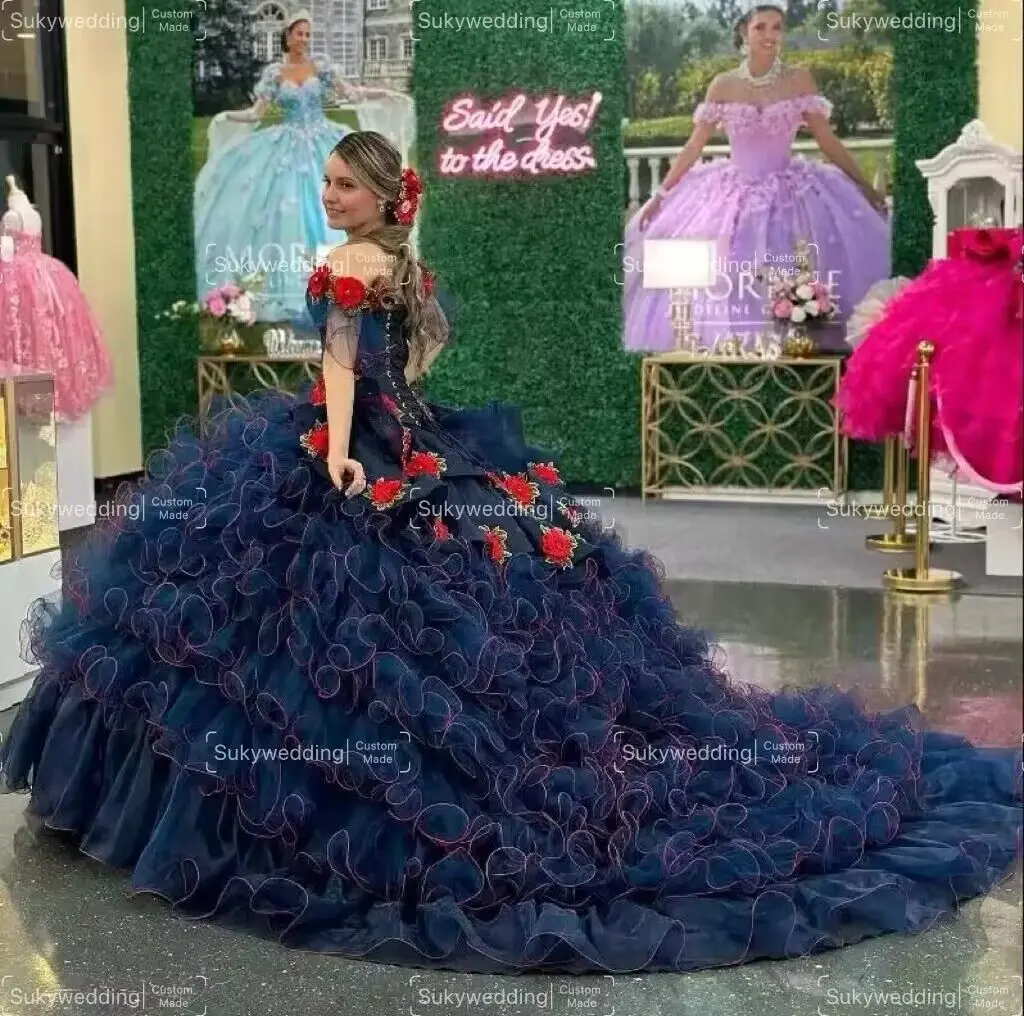 Темно-синие платья Quinceanera с открытыми плечами и аппликацией с цветами, многоуровневые бальные платья со шлейфом, Vestido de 15 Anos по индивидуальному заказу