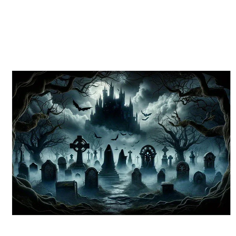 HD-Haunted Cemetery Ghosts Backdrop – Gothic Horror Skull Print Halloween Tapestry, Banner Background Fabric for Party Decor